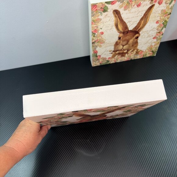 Spring Rabbit Print Box Shelf Sitter Shabby Chic Hare Easter Wreath Pink Bow - Picture 3 of 10